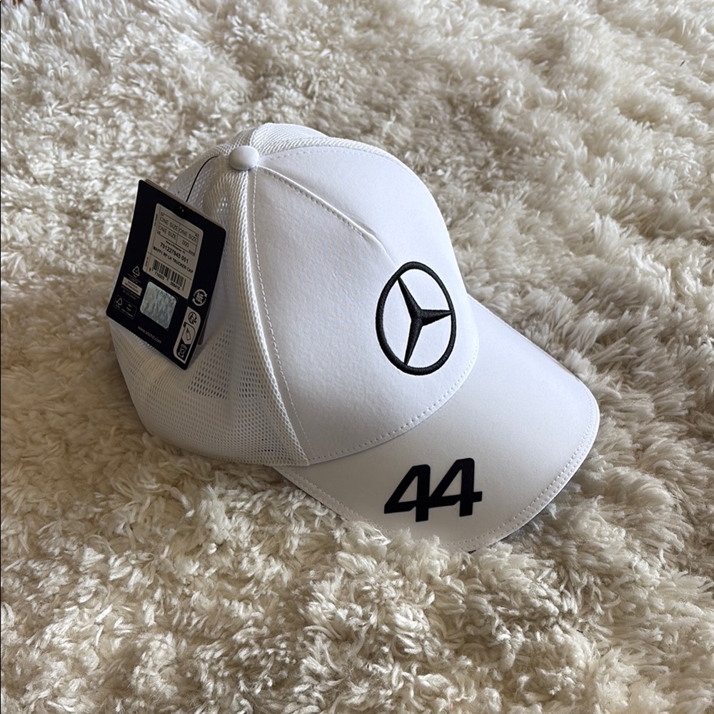 White Mercedes Formula 1 Trucker Cap with Black Logo